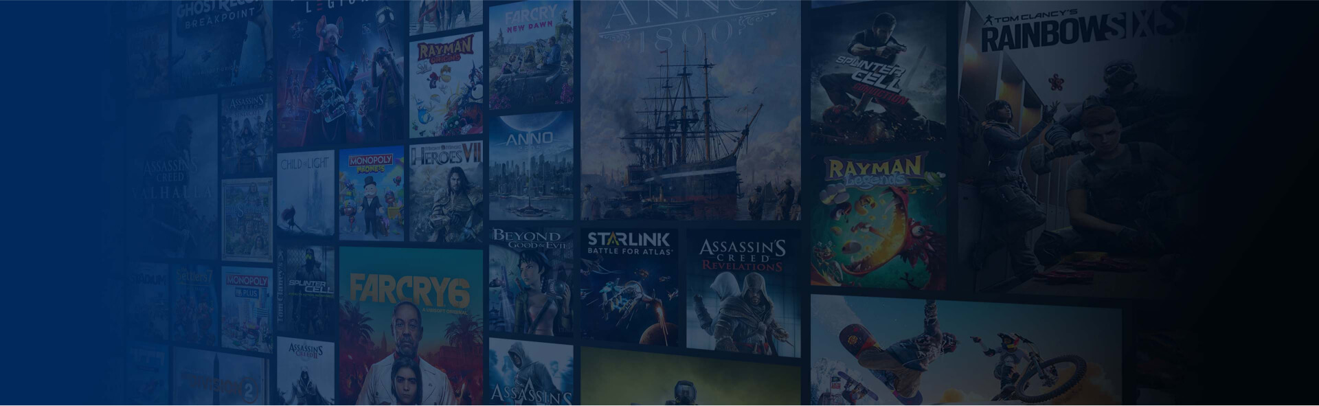 Mosaic représentant la bibliothèque des jeux disponibles dans l'abonnement Ubisoft+