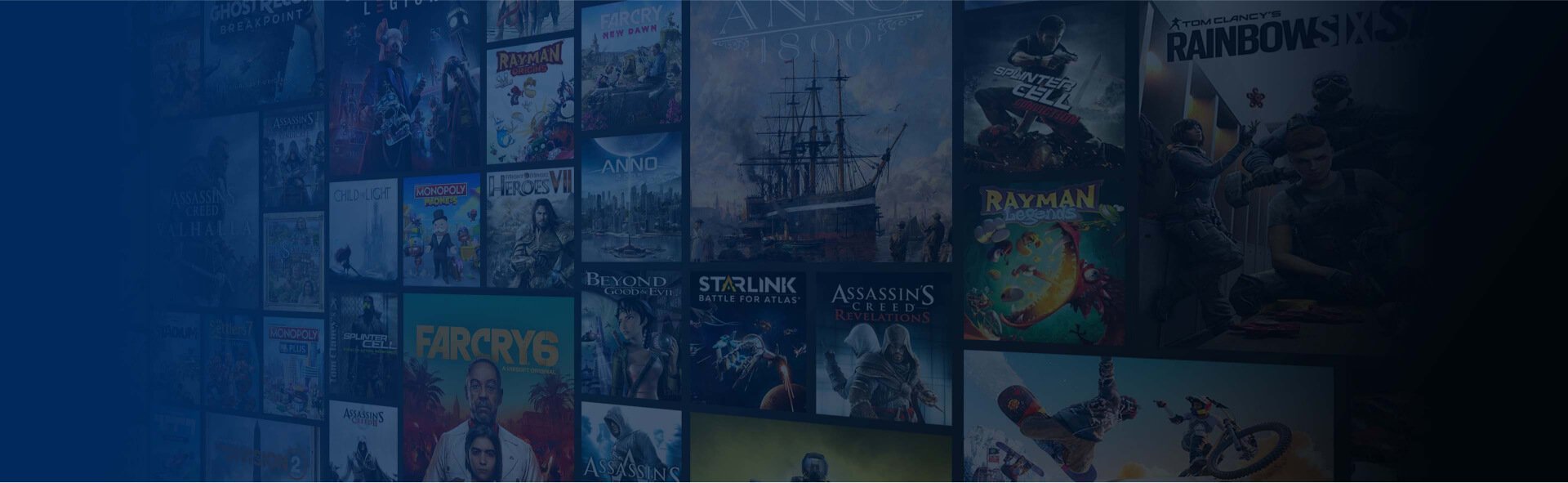 Mosaic representing the library of games available in Ubisoft+ subscription